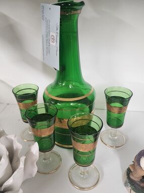 Vintage MCM Green Glass Decanter Set with Gold Bands -Made In Italy